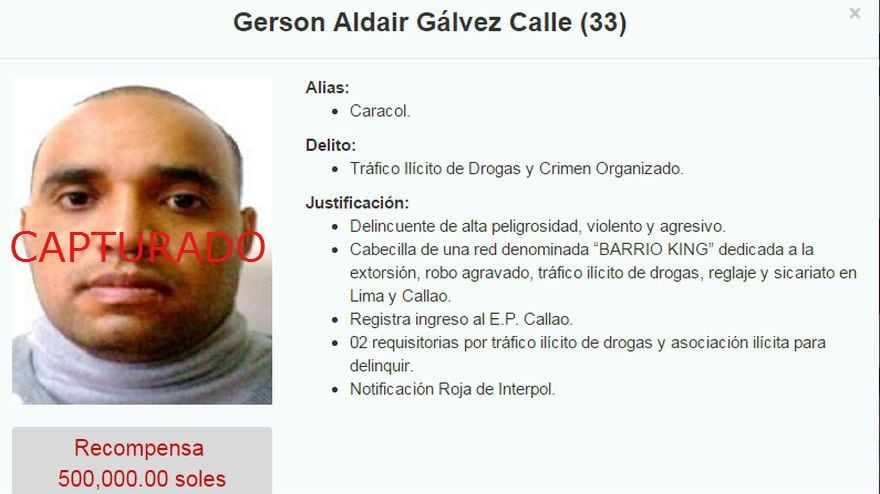 Gerson Gálvez Calle, alias Caracol, líder de la sanguinaria banda criminal de Barrio King del Callao, estuvo incluido en su momento en el portal de recompensas del Ministerio del Interior.