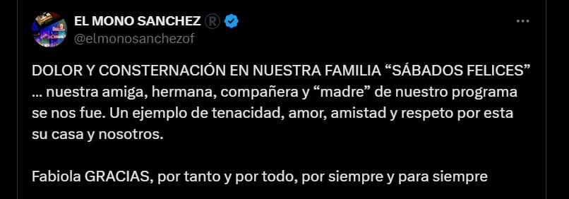 Reacción del comediante el 'Mono Sánchez' por la muerte de la 'Gorda Fabiola' - crédito @elmonosanchezof/X