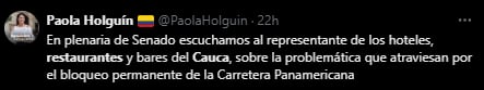 Paola Holguín hizo parte de los pocos senadores que acudieron al llamado del líder de los restaurantes - crédito @PaolaHolguín/X