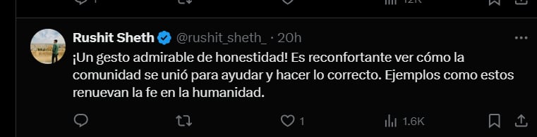 Esta fue otra de las reacciones en X, tras conocerse el gesto de honestidad de la comunidad de San Juan de El Doncello con un motociclista accidentado - crédito @rushit_sheth_/X