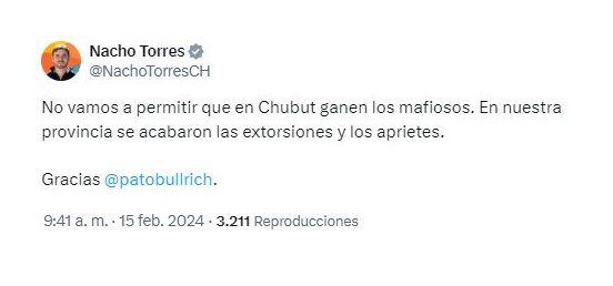 El posteo de Ignacio Torres en agradecimiento a Patricia Bullrich