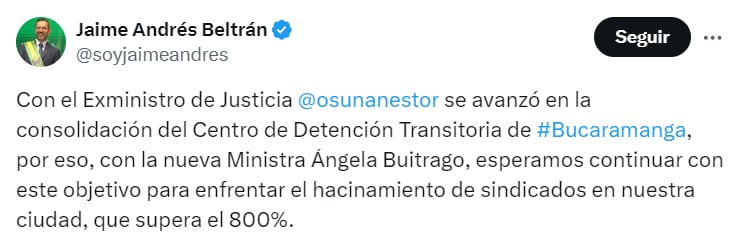 Jaime Andrés Beltrán hizo un llamado a la ministra de Justicia, Ángela Buitrago - crédito @soyjaimeandres/X