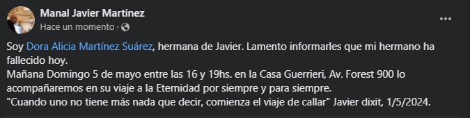 La hermana de Javier Martínez confirmó la muerte del músico en su cuenta de Facebook