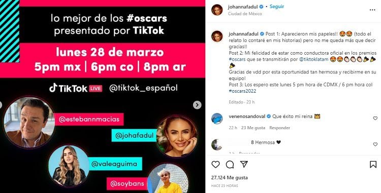 Johanna Fadul wird die besten Oscars für TikTok Lateinamerika präsentieren. Foto: Instagram @johannafadul