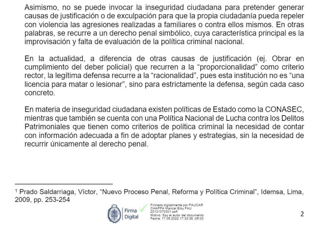 Opinión técnica de la Fiscalía sobre la legítima defensa.