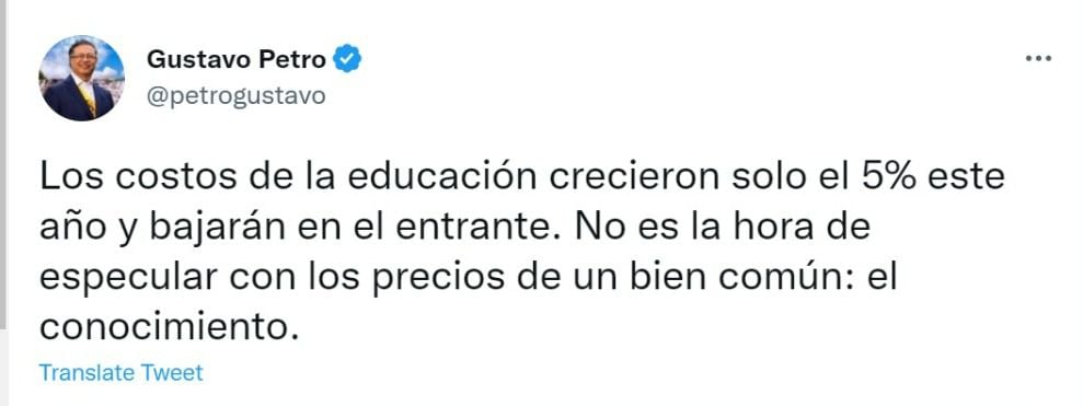 El presidente de la República se refirió al costo de las matrículas para 2023. Foto: Twitter @petrogustavo