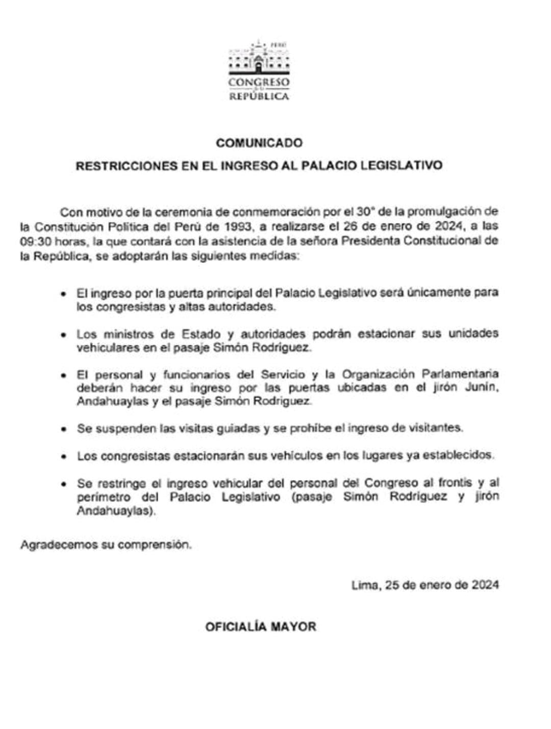 Restricciones para la ceremonia de conmemoración por el 30° de la promulgación de la actual Constitución.