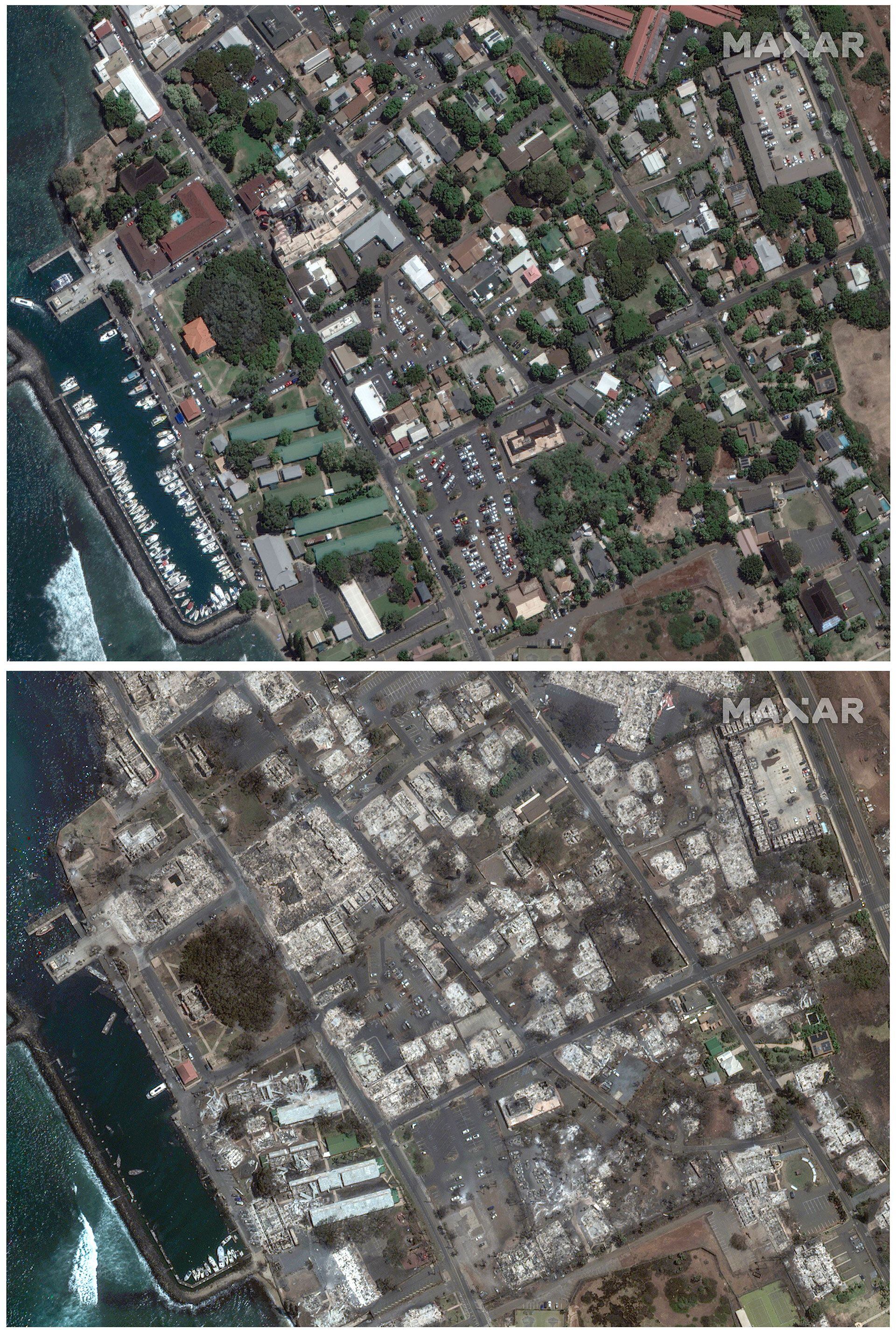 Vista aérea de Banyan Court, en Lahaina, el 25 de junio de 2023 arriba y otra imagen de la misma zona el miércoles 9 de agosto (Maxar Technologies vía AP)