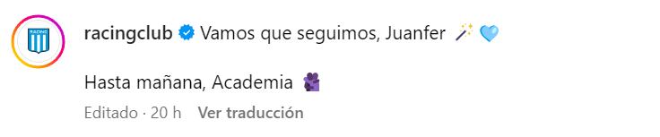 La Academia le dedicó un sentido mensaje a Juanfer Quintero - crédito @racingclub/Instagram