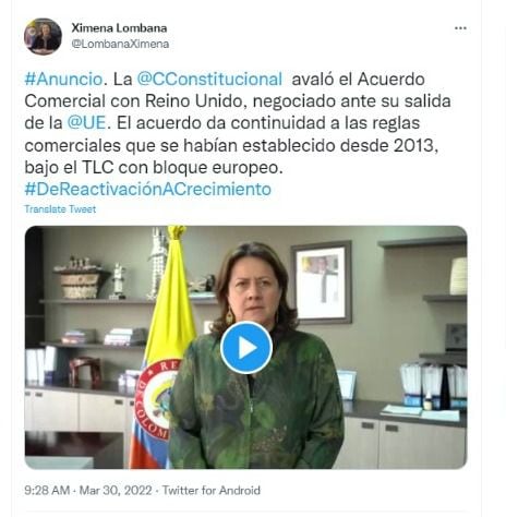 A ministra postou em suas redes sociais. Foto: Twitter @LombanaXimena