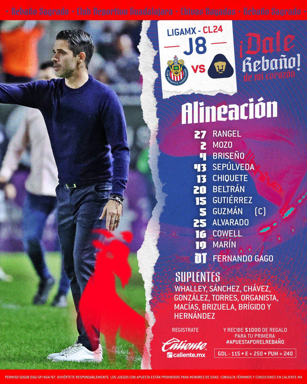 Alineación titular de Chivas para enfrentar a Pumas por Liga MX.