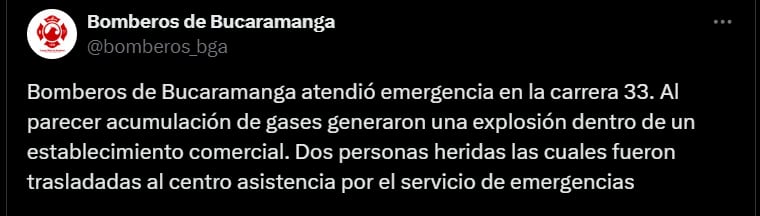 Pronunciamiento de Bomberos de Bucaramanga sobre explosión en local comercial - crédito @bomberos_bga/X