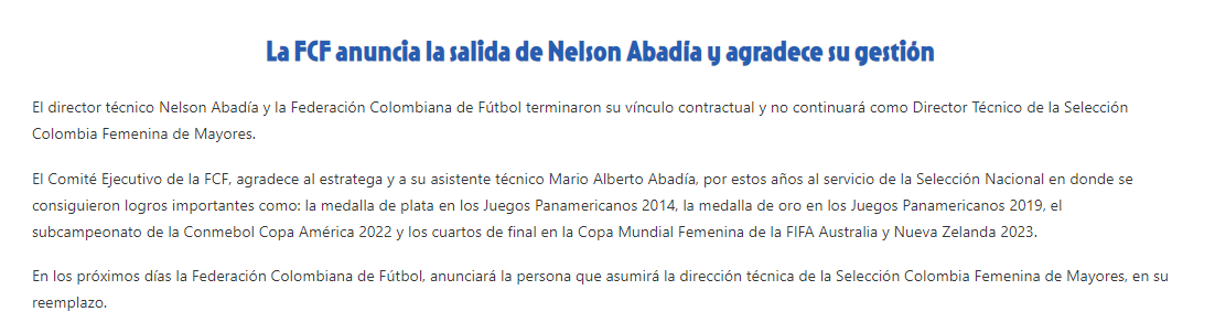 Comunicado de la Federación Colombiana de Fútbol donde anuncia la salida de Nelson Abadía - crédito Federación Colombiana de Fútbol