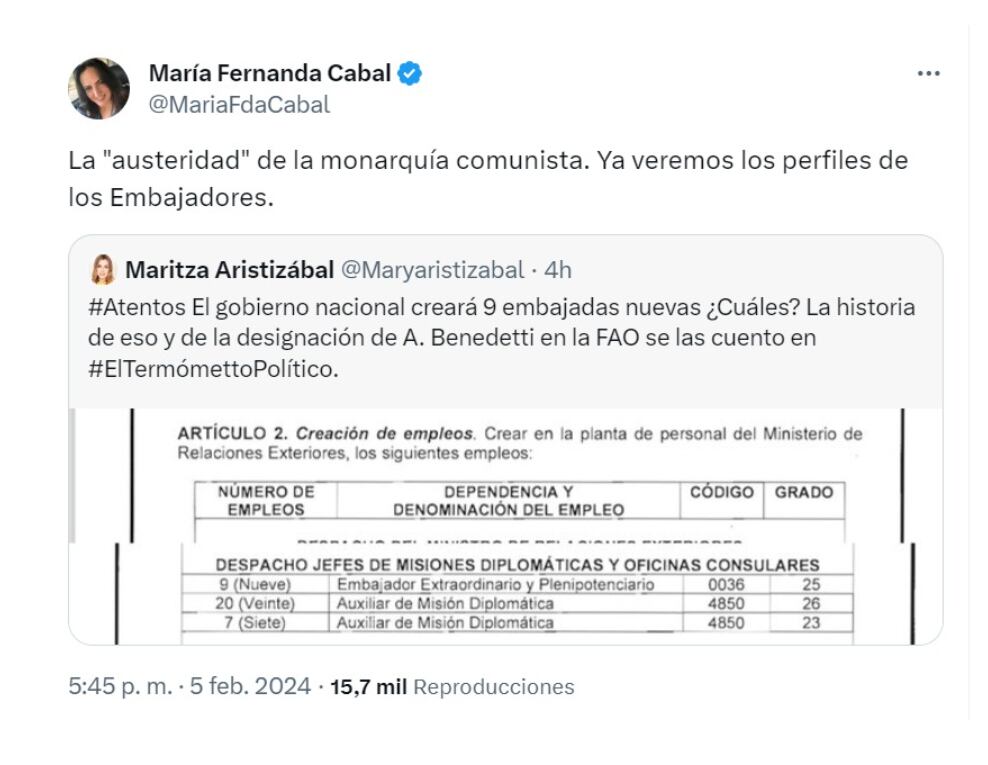 María Fernanda Cabal y sus cuestionamientos al Gobierno Petro por nuevas embajadas