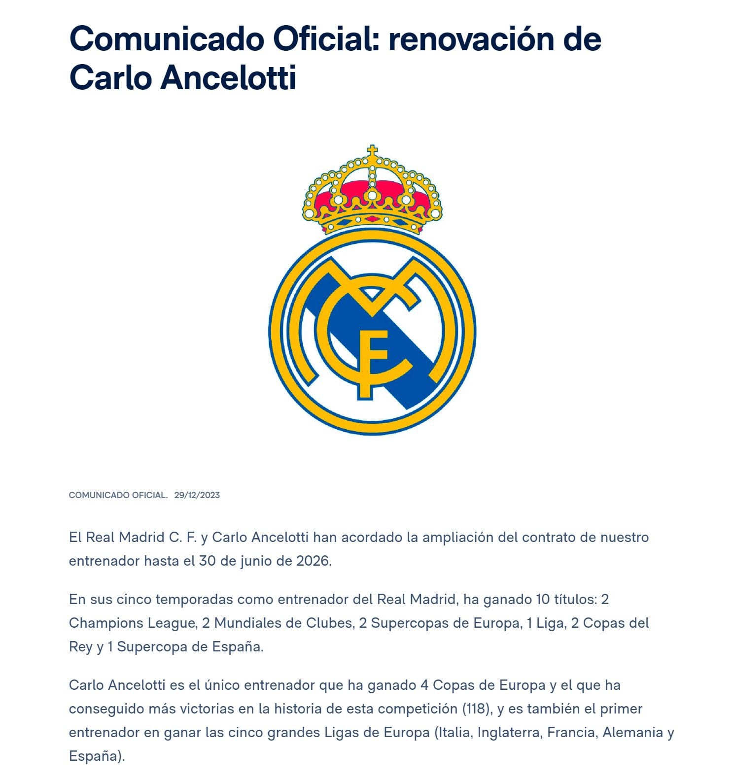 Real Madrid confirmo que Ancelotti sigue como entrenador