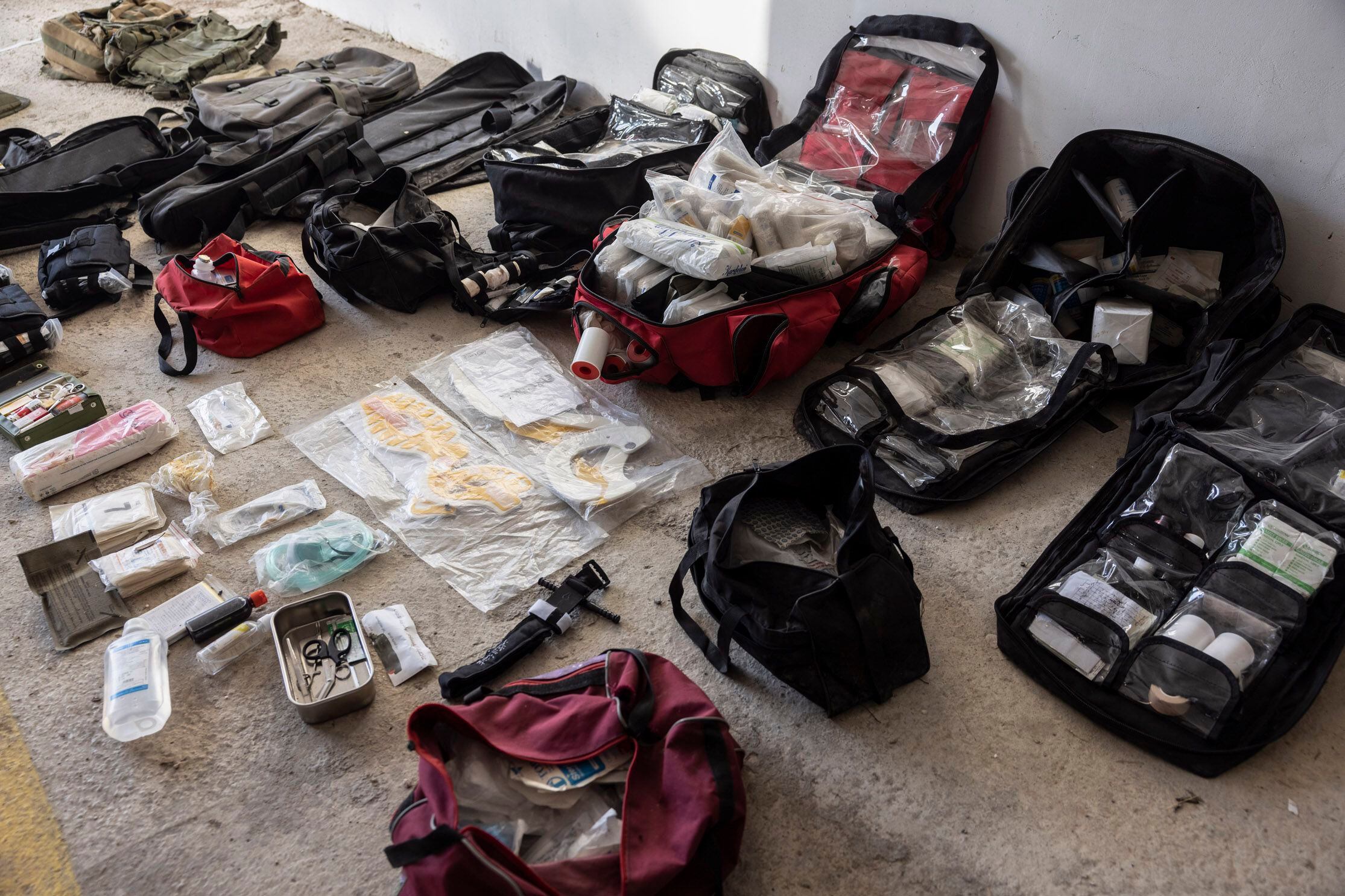 Israeli military officials display Hamas medical supplies Oct. 20, 2023, at a military base in southern Israel. MUST CREDIT: Heidi Levine for The Washington Post.