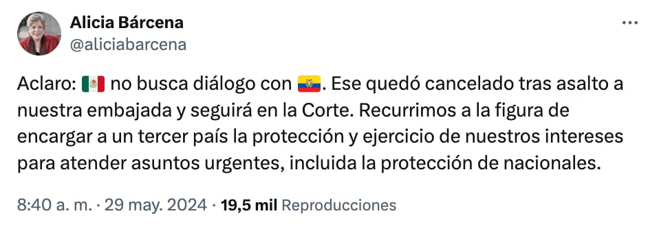 La canciller mexicana, Alicia Bárcena, indicó que México no busca dialogar con Ecuador.