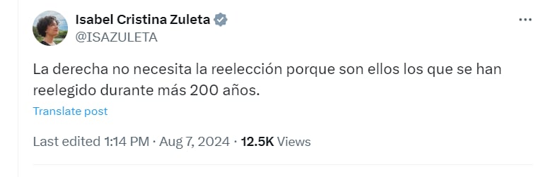 Isabel Zuleta arremetió contra la derecha, afirmando que esta no necesita la reelección - crédito @ISAZULETA/X