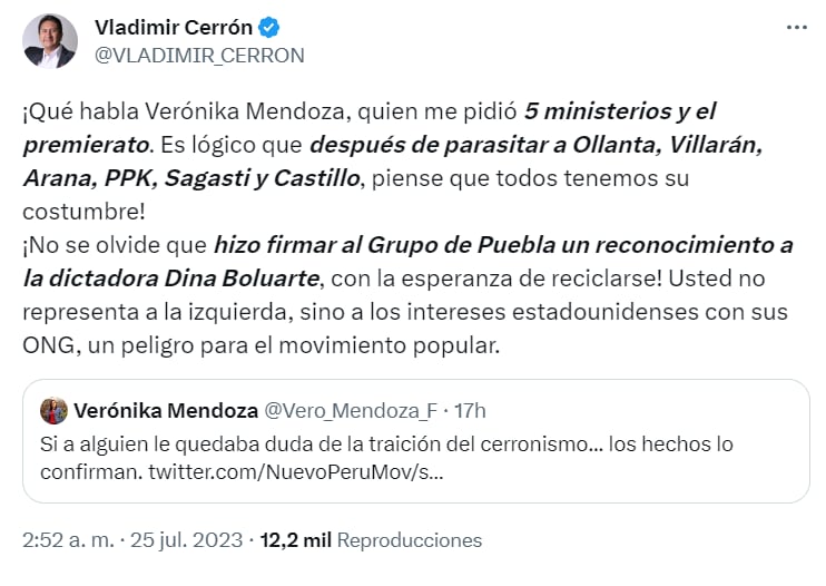 Vladimir Cerrón la califica de 'parásita' a Verónika Mendoza en un tuit.