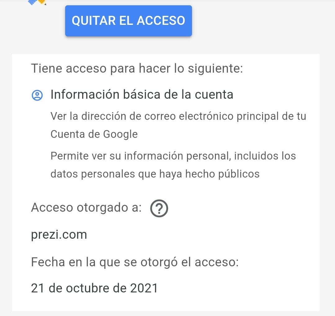 Presionar "quitar el acceso" para que la app ya no acceda a la información de la cuenta de Google