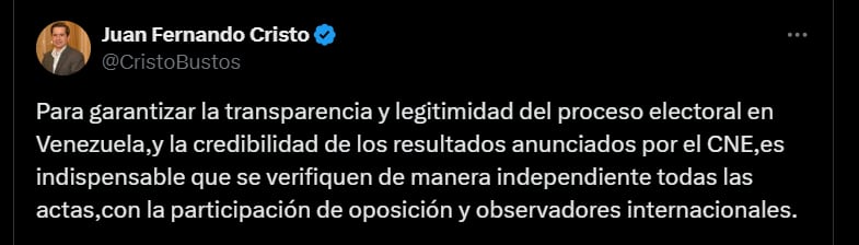 Juan Fernando Cristo sobre las elecciones en Venezuela - crédito @CristoBustos/X