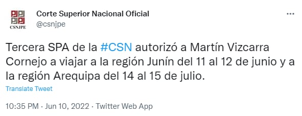 Poder Judicial autoriza viajes de Martín Vizcarra.