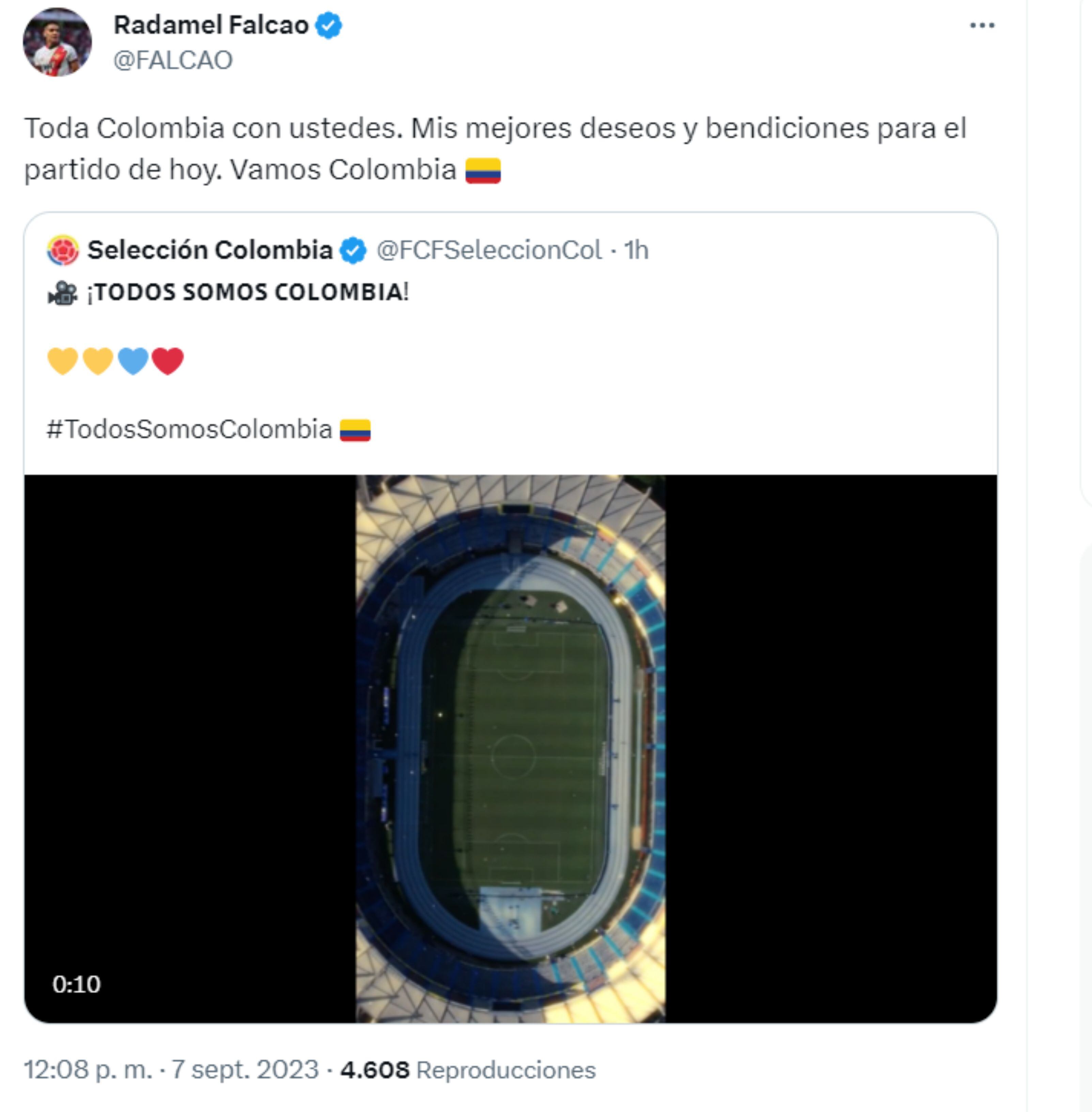 Radamel Falcao envió un mensaje a sus compañeros de la selección Colombia previo al partido contra Venezuela - crédito Twitter/@FALCAO