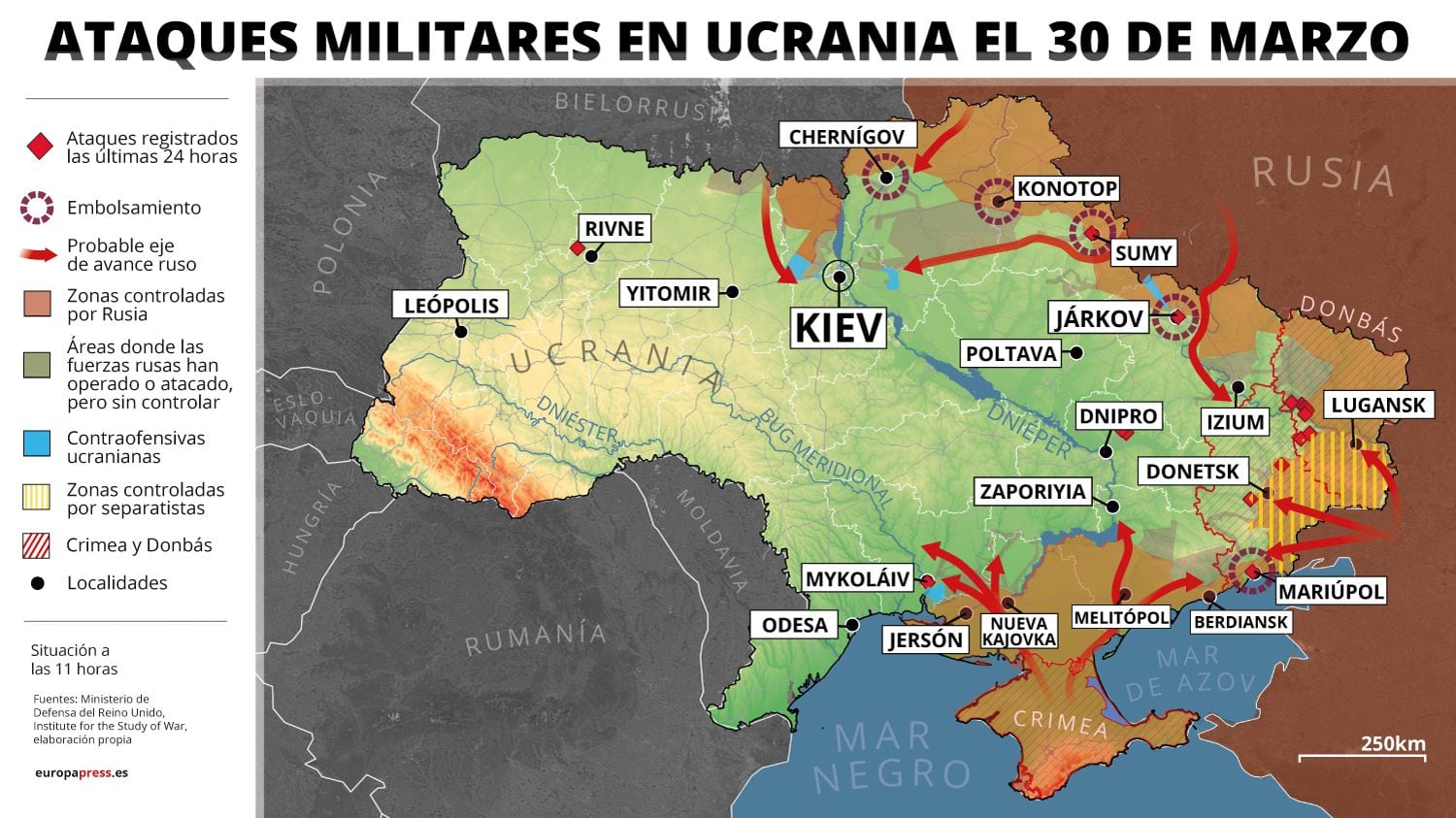 2022년 3월 30일 우크라이나에서 군사 공격이 있는 지도 (상태 11시 방향).현지 언론에 따르면 우크라이나 수도와 체르니 고프시에서 군사 작전을 줄이겠다는 모스크바의 발표에도 불구하고 화요일 밤 키예프, 지토 미르, 하르 코프, 드니 프로 및 폴 타바시에서 대공 경보 소리가 다시 들렸다.