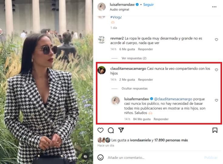 La creadora de contenido fue tajante en su respuesta a la usuaria que le reclamó por no mostrar a sus hijos en el video - crédito @luisafernandaw/Instagram