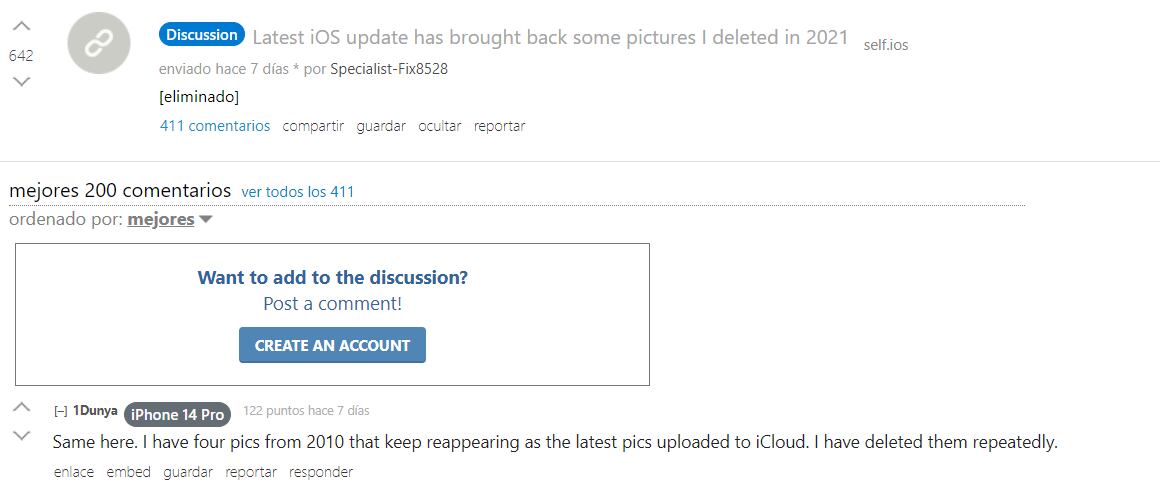 Los usuarios compartieron sus experiencias sobre las fotos eliminadas que reaparecieron gracias a iOS 17.5. (Reddit)