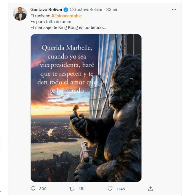 Gustavo Bolivar uses a photo of King Kong to allegedly defend Francia Márquez