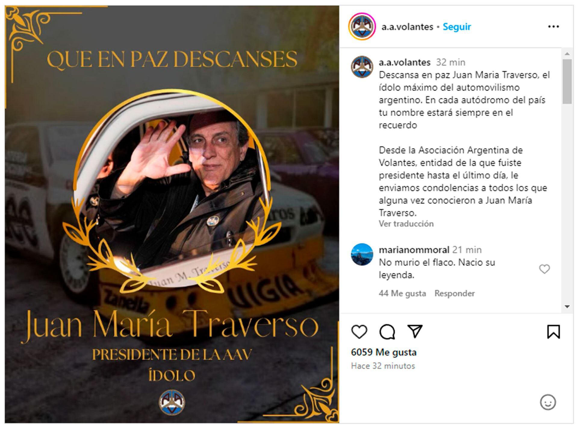 La asociacion argentina de volantes sobre al muerte de traverso