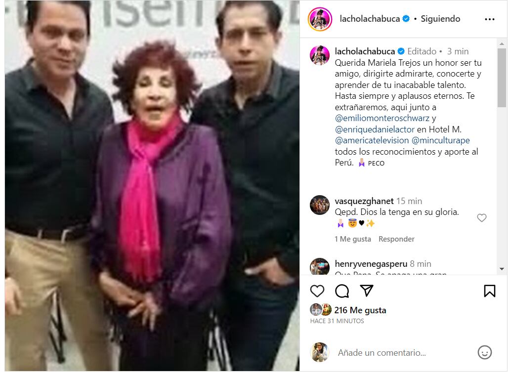 Ernesto Pimentel se despidió de Mariella Trejos. (Instagram)