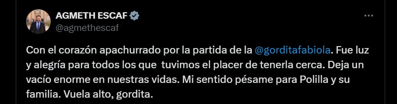 Reacción de Agmeth Escaf por la muerte de la 'Gorda Fabiola' - crédito @agmethescaf/X