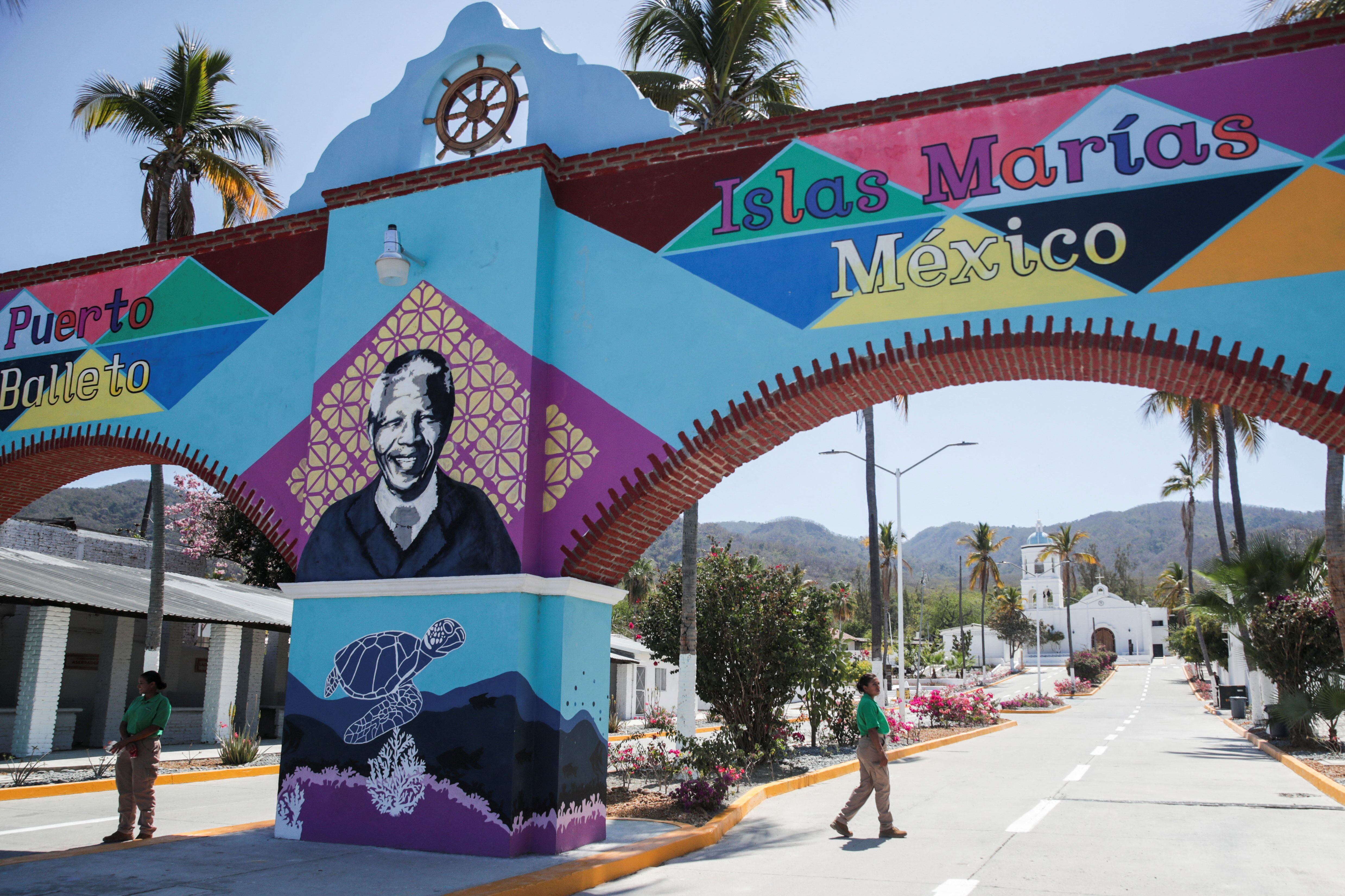 A view shows a facade with an image of Nelson Mandela, that is part of the last island-prison, in Isla Maria Madre, Mexico April 9, 2022. REUTERS/Henry Romero