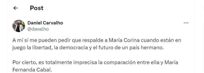 Daniel Carvalho dice que si respaldaría a María Corina Machado ya que considera que está en juego la libertad - crédito @davalho