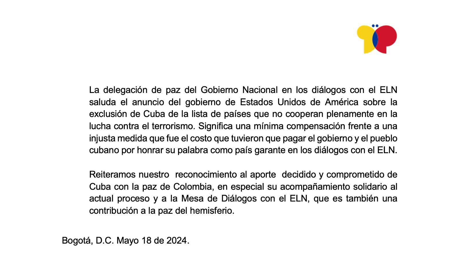 Delegación de paz saludó decisión de gobierno de Estados Unidos - crédito @DelegacionGob/X