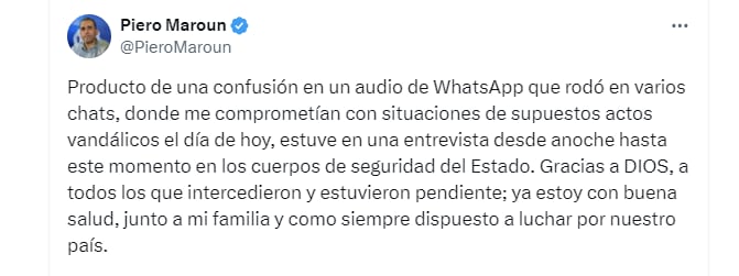 El secretario nacional de Organización del partido Acción Democrática explicó que su arresto fue resultado de la circulación de un audio en varios chats, en el que se le implicaba erróneamente en planes de desestabilización