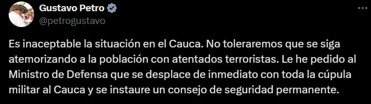 Presidente Petro por los ataques de las disidencias de las Farc en Morales, Cauca @petrogustavo/X
