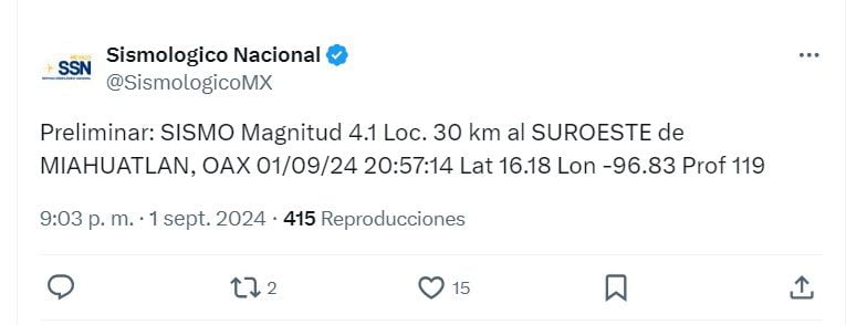 Se registró un sismo en Oaxaca este 1 de septiembre (X/ @SismologicoMX)