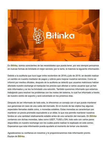 Mail enviado por Bitinka a sus usuarios donde habla de operaciones fraudulentas dentro de la plataforma