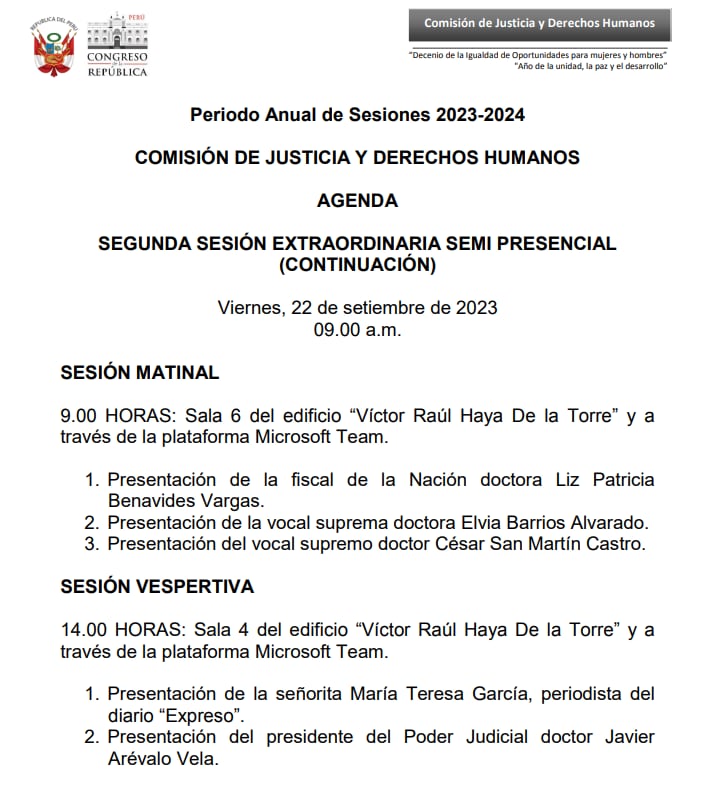 Lista de invitados a la Comisión de Justicia.