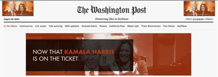 “Ahora que Kamala Harris tiene está en la fórmula, la asunción de la izquierda radical de Joe Biden está completa” se lee en un anuncio a favor de la reelección de Donald Trump 