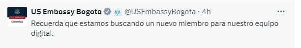 A través de su cuenta X el Consulado anunció la vacante laboral - crédito @USEmbassyBogota/X