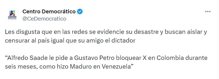 El partido calificó como censura el bloqueo de X en Colombia - crédito @CeDemocratico/X