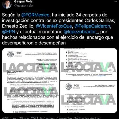 El periodista Gaspar Vela compartió una solicitud de información sobre ex presidentes que estuvieron en la mira de la justicia (Foto: Twitter@gasparvela)