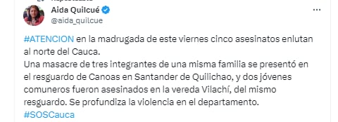 La senadora Aida Aida Quilcué lamentó la masacre de cinco personas ocurrida en un resguardo indígena de Cauca - crédito @Aida_Quilcué /X