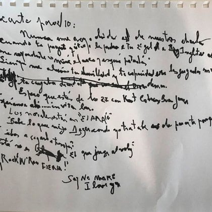Carta firmada por Charlie García a Maradona