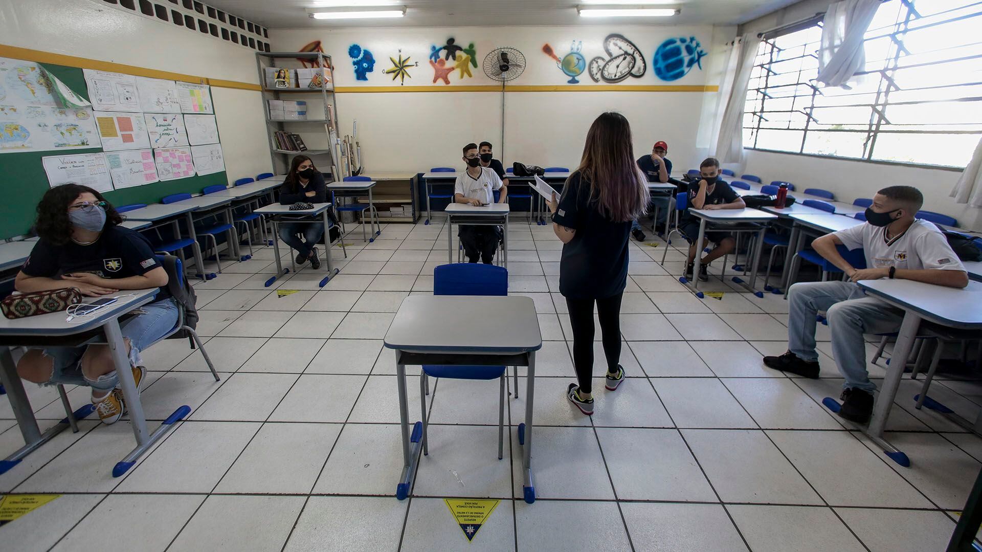 Un aula de San Paulo durante la pandemia de covid (Miguel Schincariol/Getty Images)