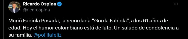 Pronunciamiento de Ricardo Ospina por la muerte de la 'Gorda Fabiola' - crédito @ricarospina/X